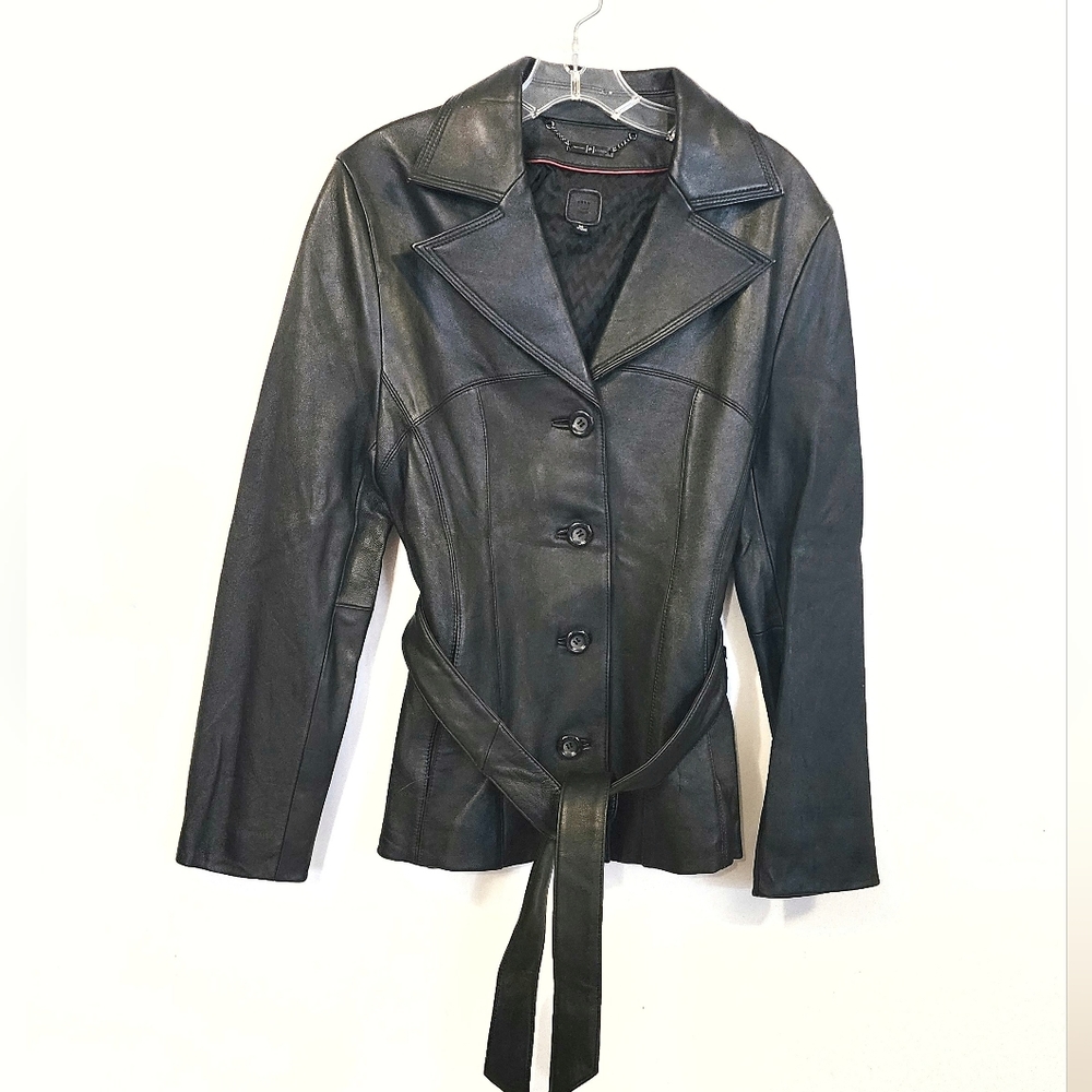 Minimalist Belted Leather Trench Jacket Chic Biker Moto Goth Duster Coat